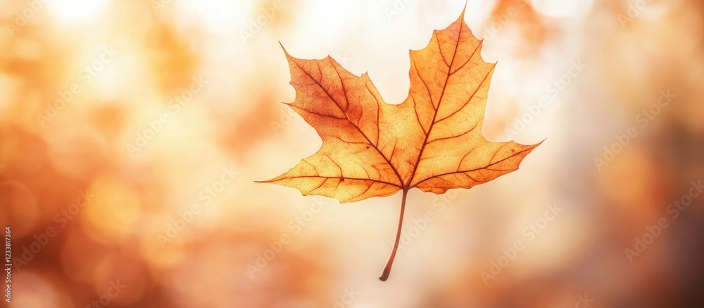 Aufkleber orange maple leaf hanging in autumn air with blurred background and copy space for text.