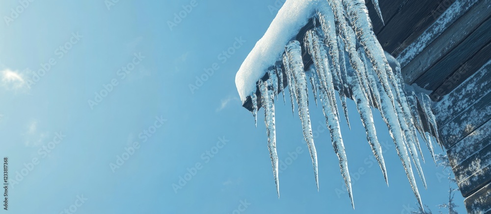 Poster icicles hanging from a wooden roof under a clear blue sky with clouds and ample copy space for text 