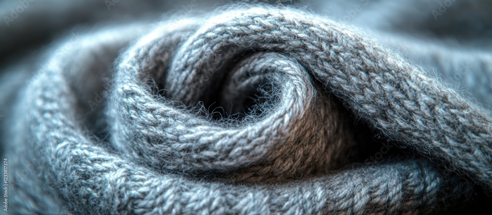 Poster Close-up of a soft gray knitted fabric in a spiral pattern with detailed texture and fibers Copy Space