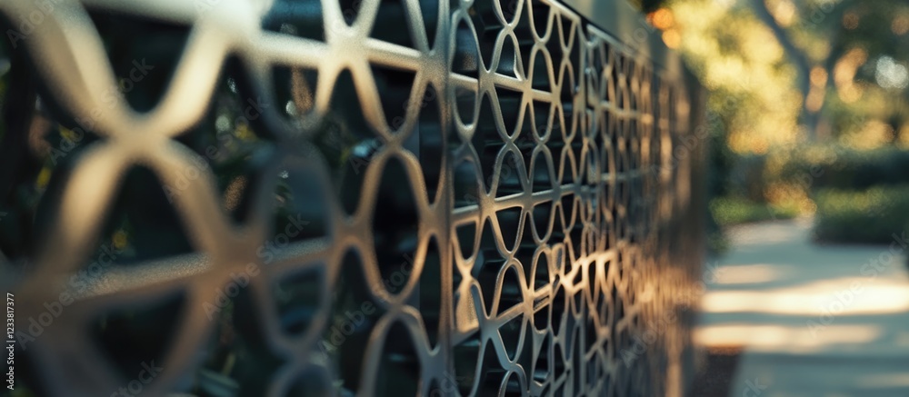 Aufkleber Decorative metal fence design with blurred background and warm sunlight creating a soft bokeh effect Copy Space