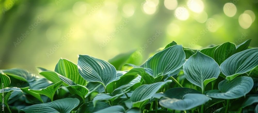 Poster Green foliage of hosta plants with soft bokeh background and Copy Space for text placement in nature setting