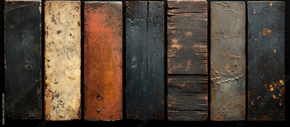Poster weathered wood planks with varying textures and colors arranged side by side on a dark background co