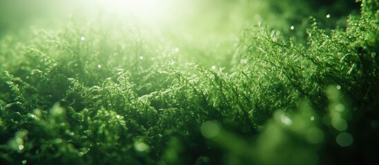 Lush green forest floor with soft moss and dew drops illuminated by soft sunlight Copy Space