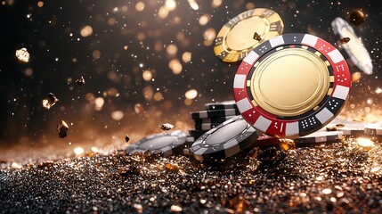 High-value casino chips in gold, black, and red, dynamically scattered across a glittering surface, evoke a sense of high-stakes gambling, luxury, and exhilarating win