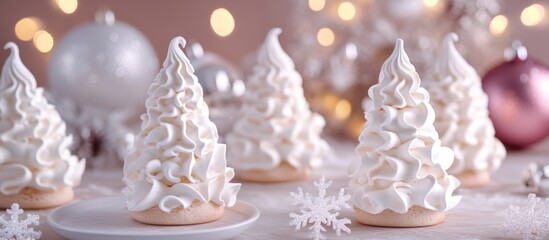 Fototapeta premium Christmas tree shaped meringue cookies on white plate with festive decorations and soft bokeh background Copy Space