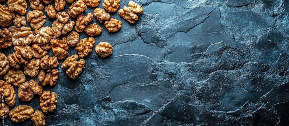 Poster Walnut halves on dark stone background with copy space for text or design elements