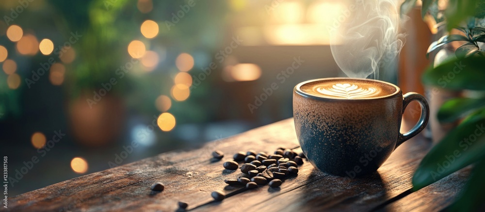 Poster cup of coffee with steam on wooden table surrounded by coffee beans and greenery in a soft, blurred 