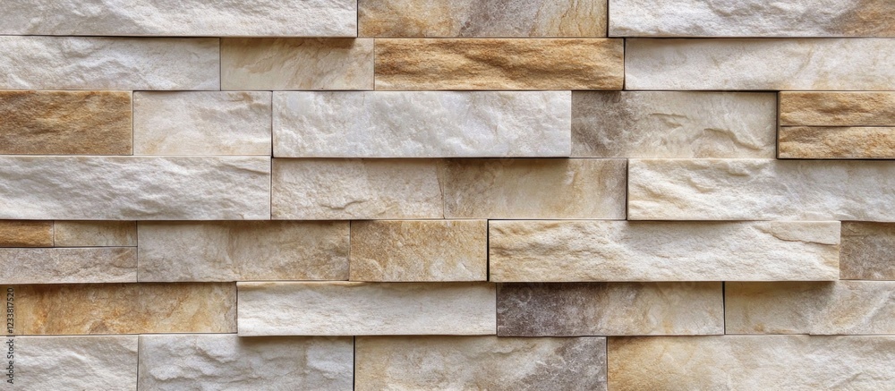 Poster textured stacked stone wall with varying shades of beige and brown ideal for architectural backgroun