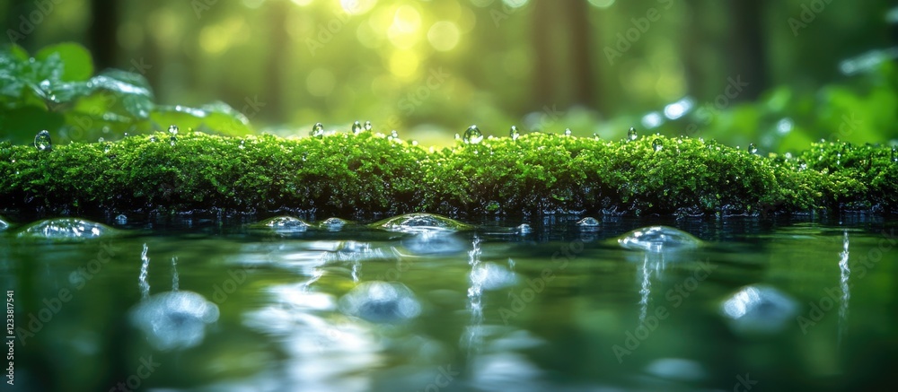 Poster Lush green moss on calm water surface in a forest during a sunny day with soft lighting and bokeh effect Copy Space
