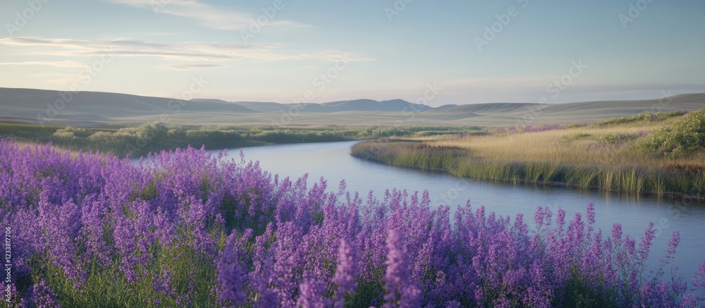 Poster lush lavender fields along a tranquil river with mountains in the background during daytime copy spa