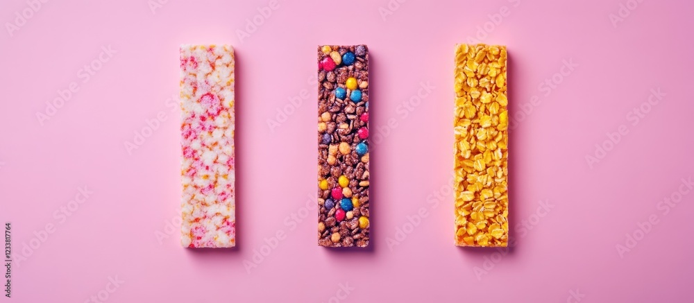 Aufkleber colorful cereal bars arranged on a pink background copy space for text placement