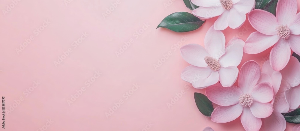 Poster Pink background with soft pink flowers and green leaves arranged on the side featuring ample copy space for text placement.