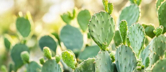 Close-up of cactus pads with soft sunlight filtering through, natural bokeh background, Copy Space available for text overlay.