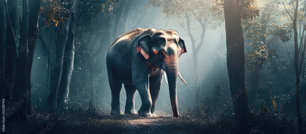 Poster Elephant walking through foggy forest with trees illuminated by soft light Copy Space