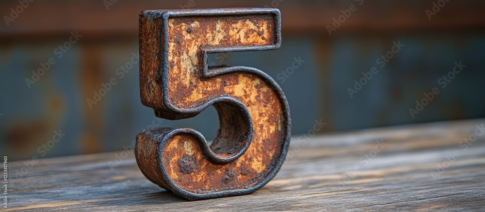 Poster rustic metal number five with patina on weathered wooden table background showcasing texture and det