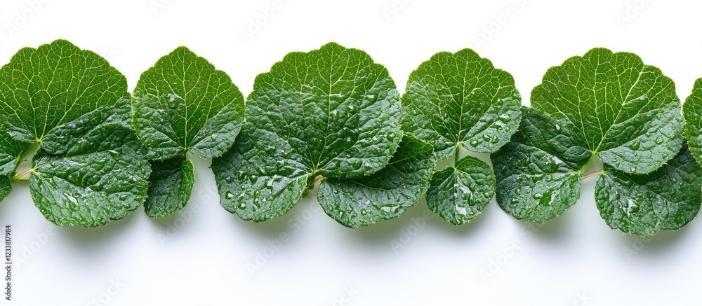 Poster green leafy herbs arranged in a row on a white background with copy space for text