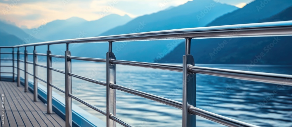 Poster metal railing along a wooden deck overlooking a calm lake with mountains in the background under a c