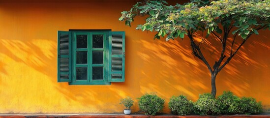 Colorful orange wall with green window shutters and tree casting shadows, decorative plants below, ample copy space for text.