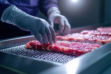 Fresh meat inspection with gloved hands in processing facility