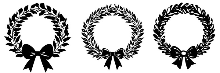 Different Wreath Styles, Laurel Wreath Icons, Black and White Line Drawings, Decorative Frames, Design Elements, Wedding Decorations, Vector Graphics, Isolated on White