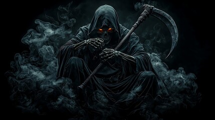 Mysterious figure cloaked in darkness, holding a scythe, surrounded by swirling smoke and shadows