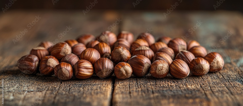 Poster hazelnuts arranged on rustic wooden surface with natural lighting copy space