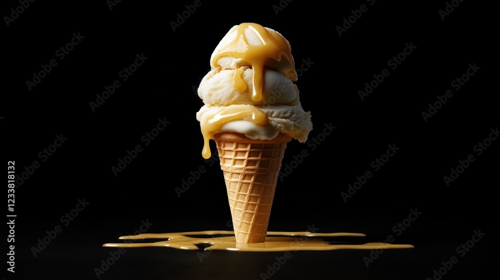 Poster Ice cream cone with three scoops and caramel sauce dripping on a black background with spill on the surface Copy Space