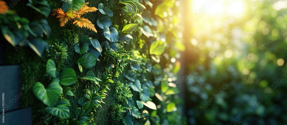 Poster lush green wall with various leaves and ferns illuminated by sunlight with copy space for text