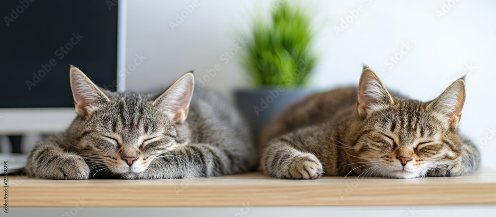 Poster Two sleeping tabby cats resting on a wooden surface with a potted plant in the background and computer screens on the side Copy Space