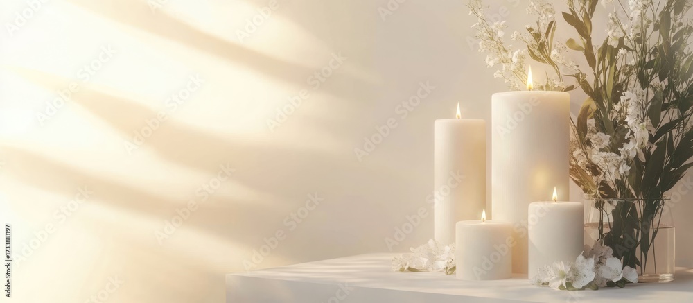Aufkleber white candles with warm glow on a table surrounded by flowers and soft shadows on a light background