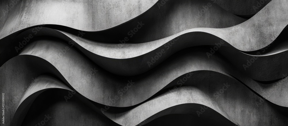 Aufkleber Abstract black and white textured wall with wavy concrete patterns and shadows creating a dynamic visual effect Copy Space