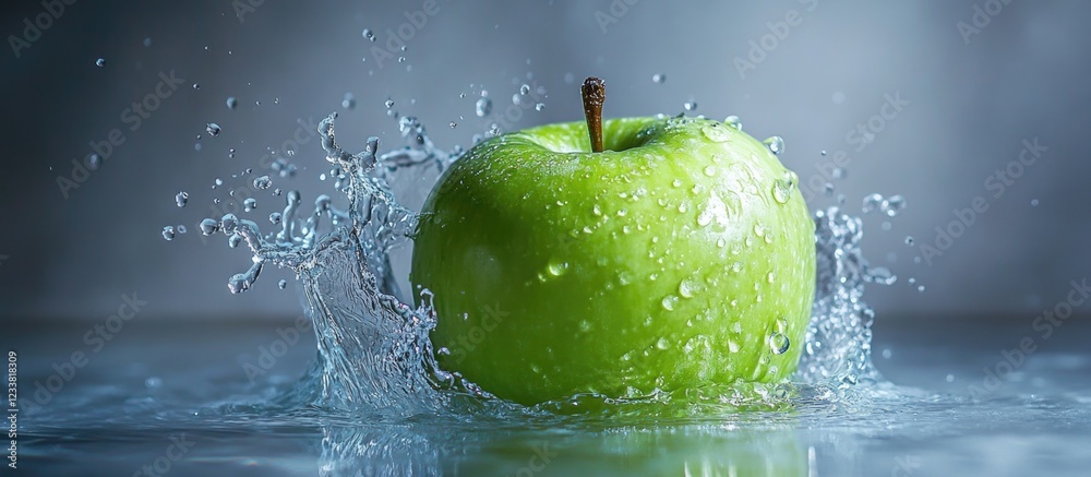 Aufkleber green apple splashing into water with droplets and ripples against a blurred background copy space