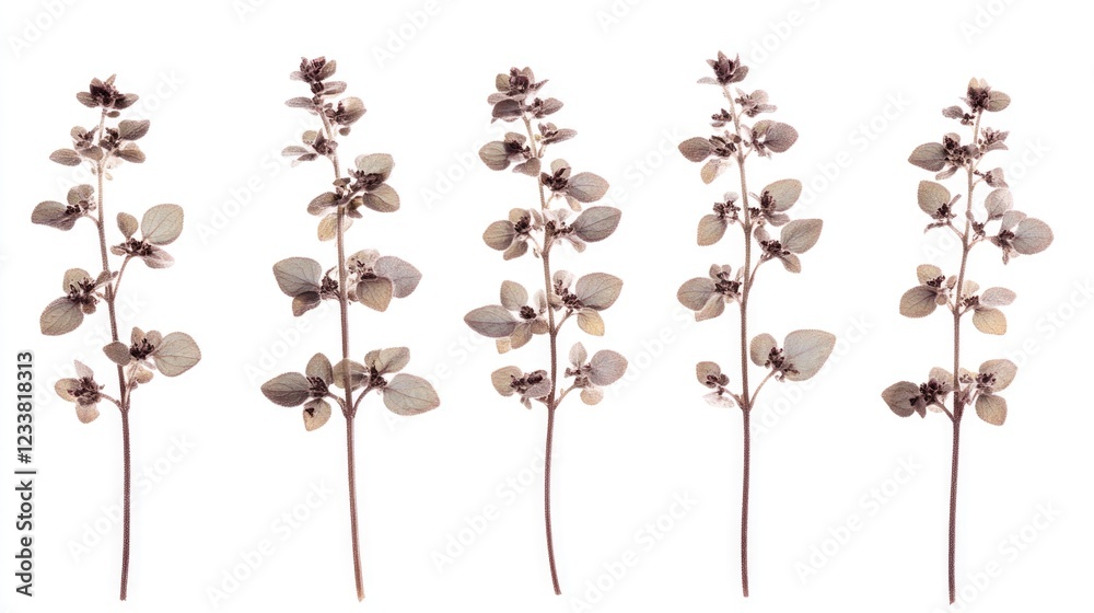 Poster dried herbal stems with leaves and flowers arranged in a row on white background copy space