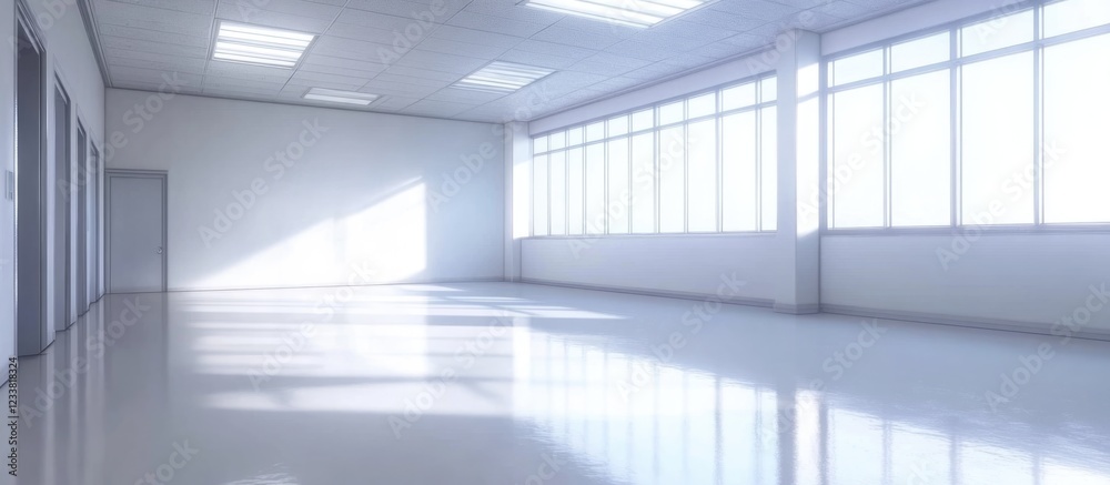 Poster Empty modern interior room with large windows and bright lighting showcasing polished floor and minimalistic design Copy Space
