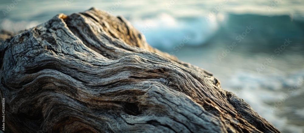 Poster wooden driftwood with textured surface and ocean waves in background copy space