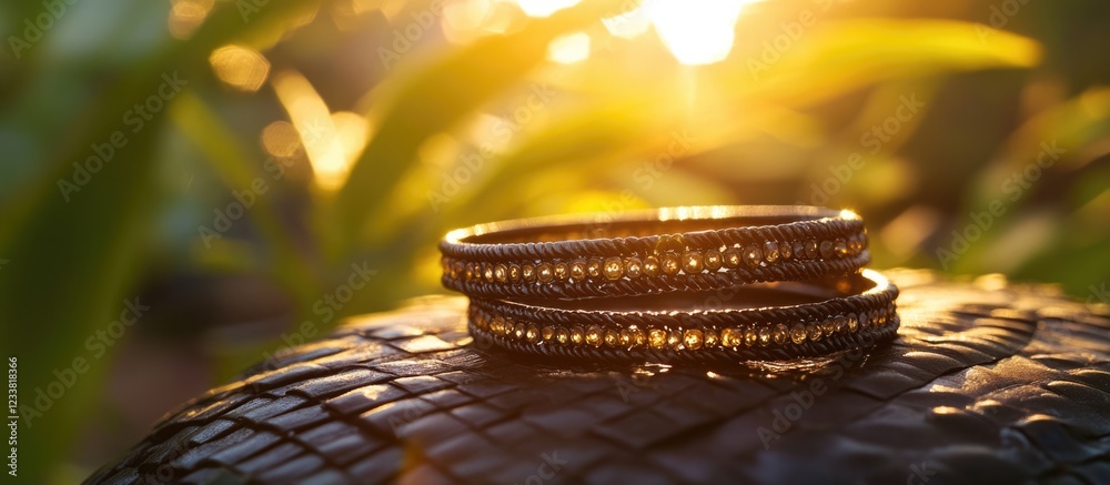 Fototapete bangles on a textured surface with sunlight shining through green foliage and copy space for text