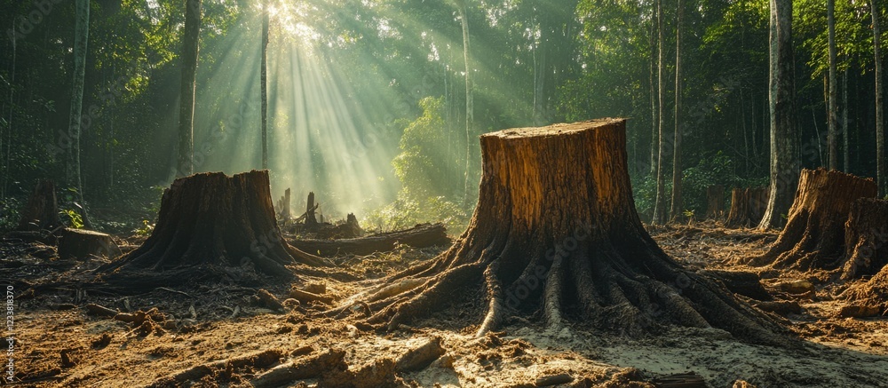 Poster Forest landscape featuring tree stumps in a sunlit clearing with rays of light filtering through trees Copy Space