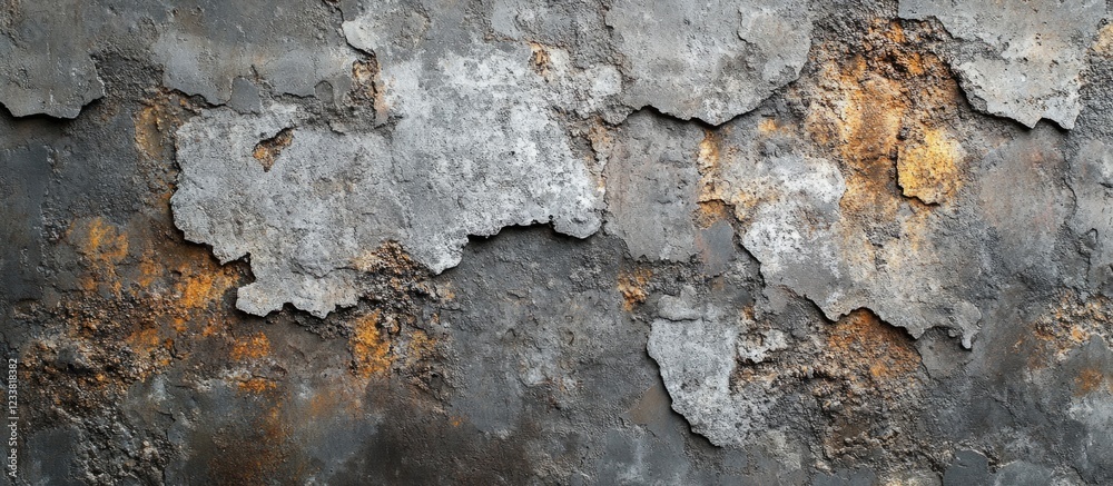 Poster textured wall with peeling paint and rust spots in gray and orange tones suitable for background use