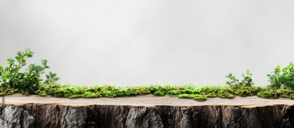 Aufkleber Wooden surface with moss and greenery against a neutral background ideal for product display and Copy Space