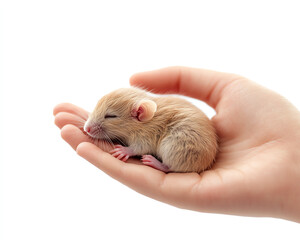 A cute, sleeping mouse nestled comfortably in a human hand, symbolizing care and connection between humans and animals.