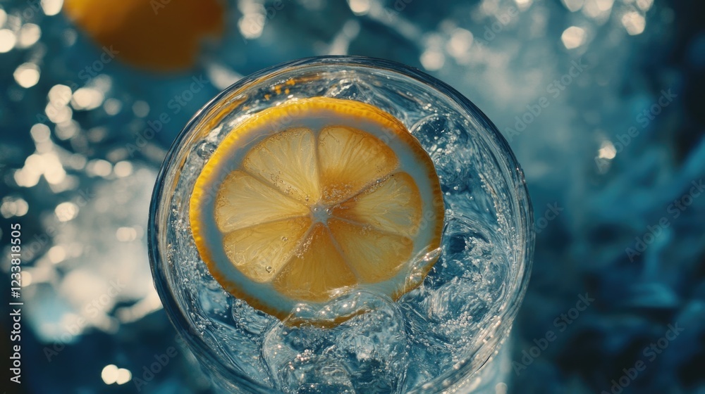 Poster Fresh lemon slice in sparkling water with ice cubes, creating a refreshing beverage; copy space for text.