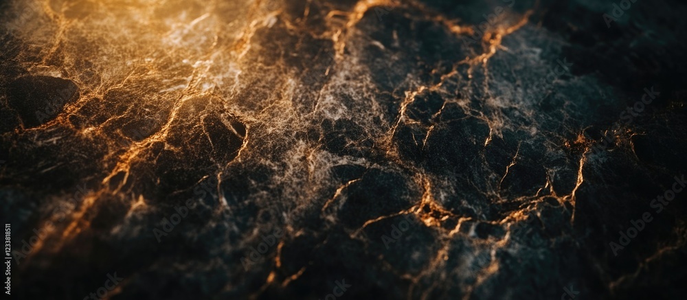 Poster abstract close-up of textured dark surface with golden and orange streaks resembling veins or cracks