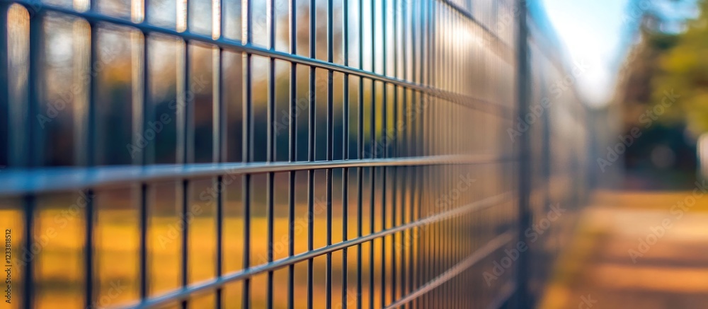Poster Abstract close-up of wire fence with blurred background of autumn foliage and pathway Copy Space