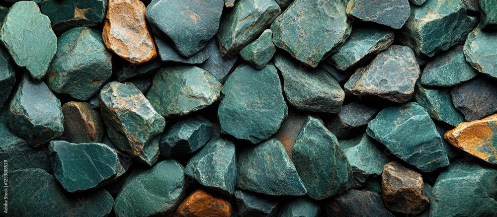 Poster green and brown polished stones background with varied textures and shapes copy space