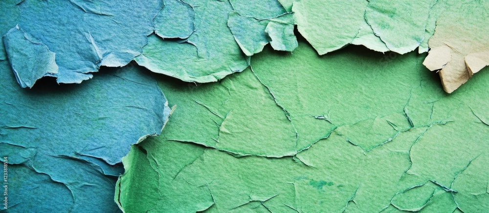 Poster textured peeling paint in blue and green shades on a wall with copy space for text placement