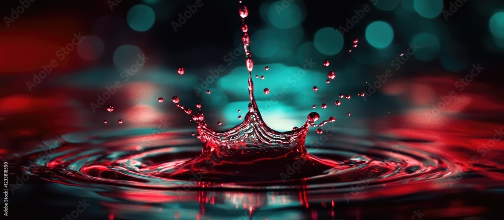 Poster liquid splash with droplets creating ripples in colorful illuminated background copy space