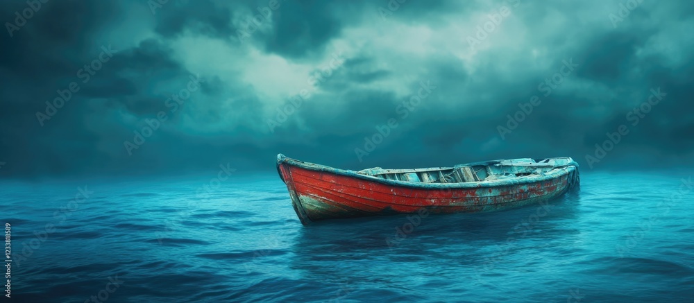 Poster lonely red boat floating on calm ocean water under a dramatic cloudy sky with copy space for text in