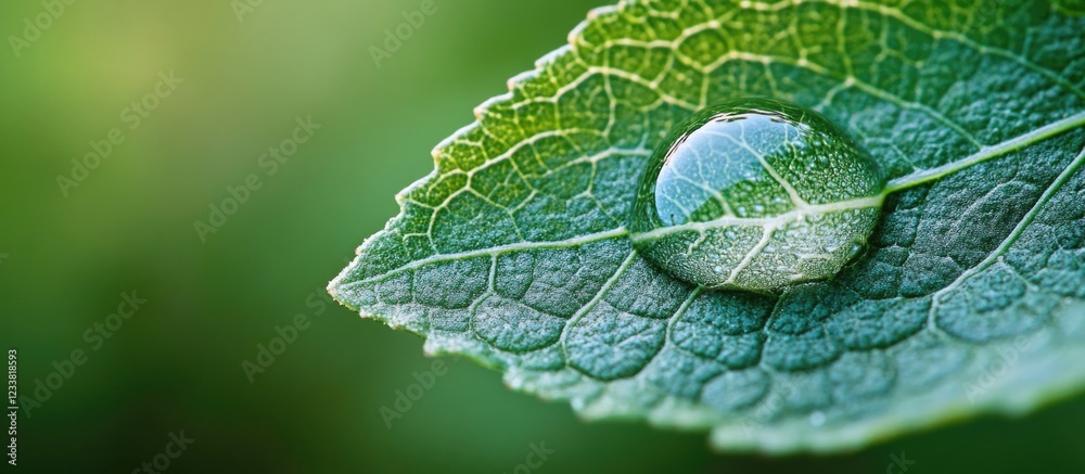 Poster Close-up of a water droplet on a green leaf with detailed texture and Copy Space for text placement.