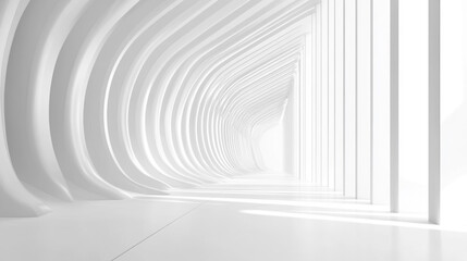 Naklejka premium Minimalist White Corridor with Light and Shadow Patterns, A futuristic white hallway with a glowing light at the end, white hallway with a bright light 