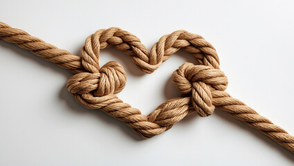 Rope with heart shaped knot on white background copyspace